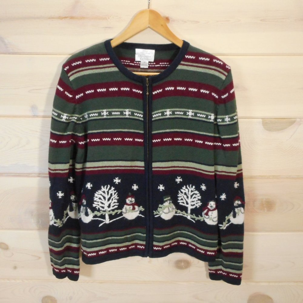 Christopher Banks Women's Size M Cardigan Sweater Full Zip Snowman Winter - Picture 2 of 8